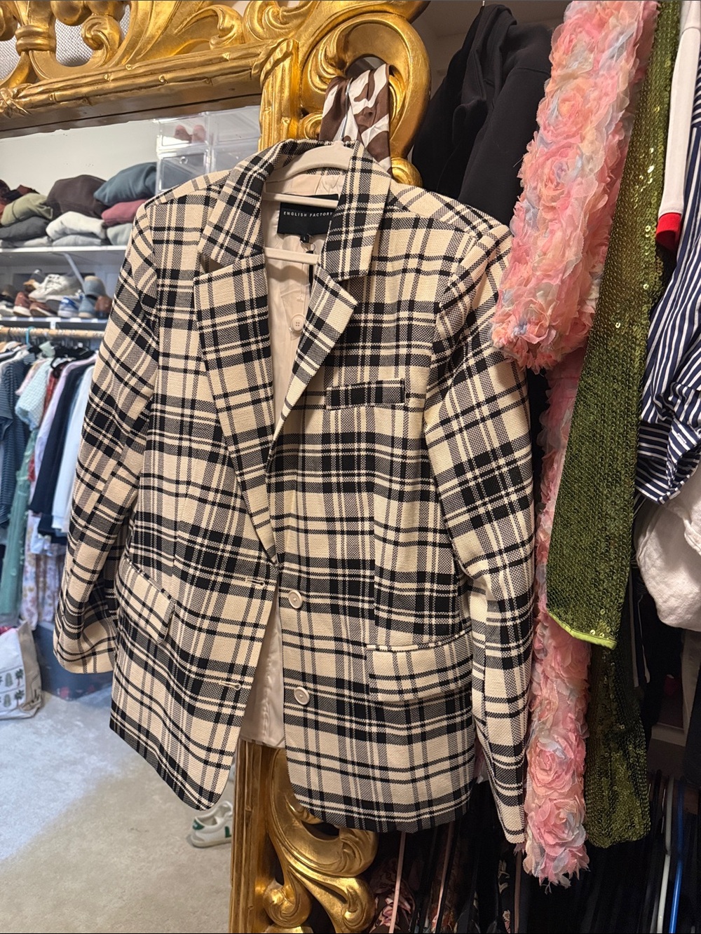 English Factory Black and Cream Plaid Notch-Lapel Blazer